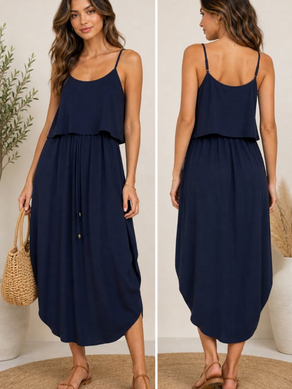 Nerlerolian Navy Midi Dress Strappy Flowy Layered XL